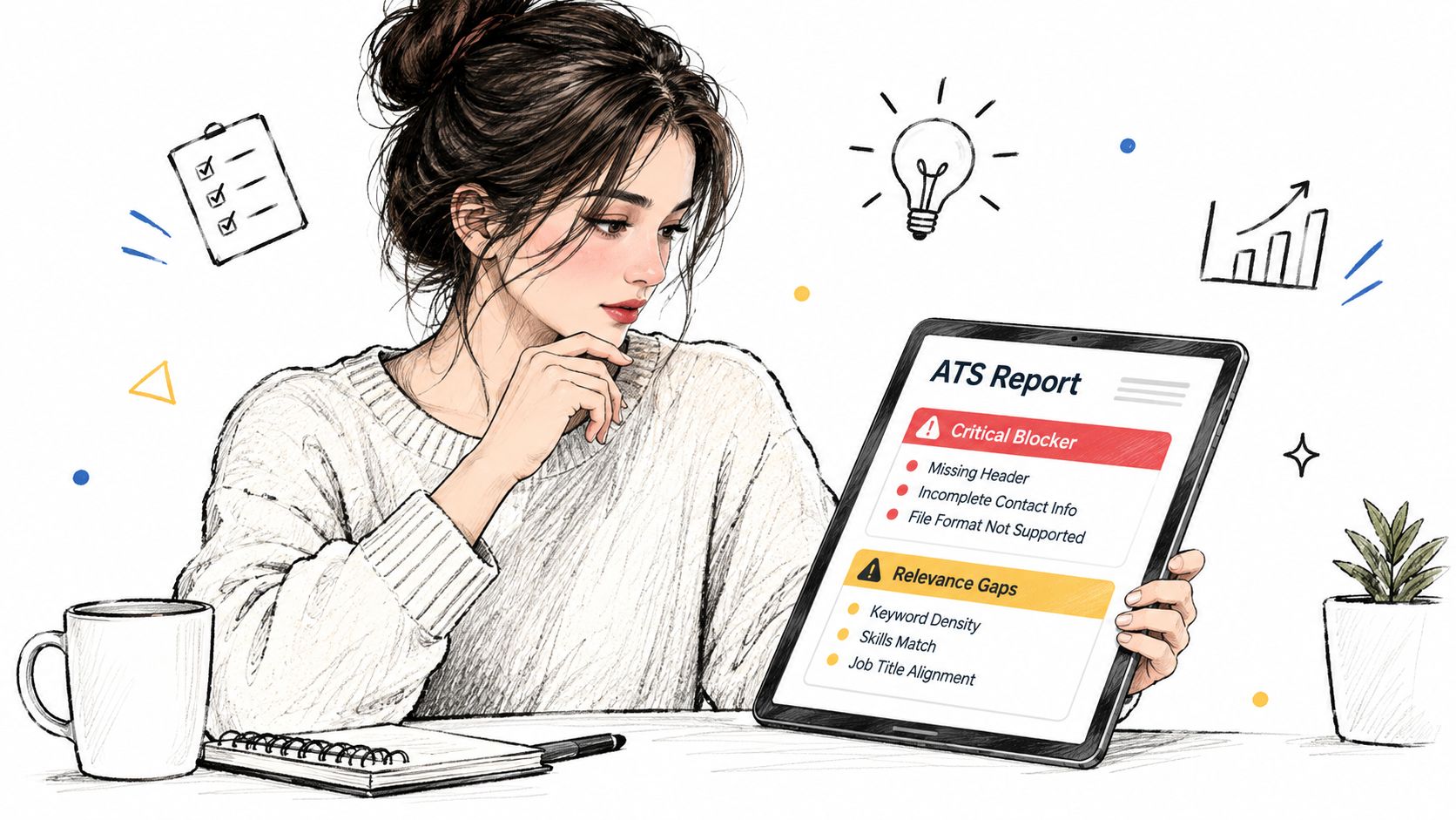 A woman reviewing an ATS report on a tablet highlighting critical blockers and resume relevance gaps.