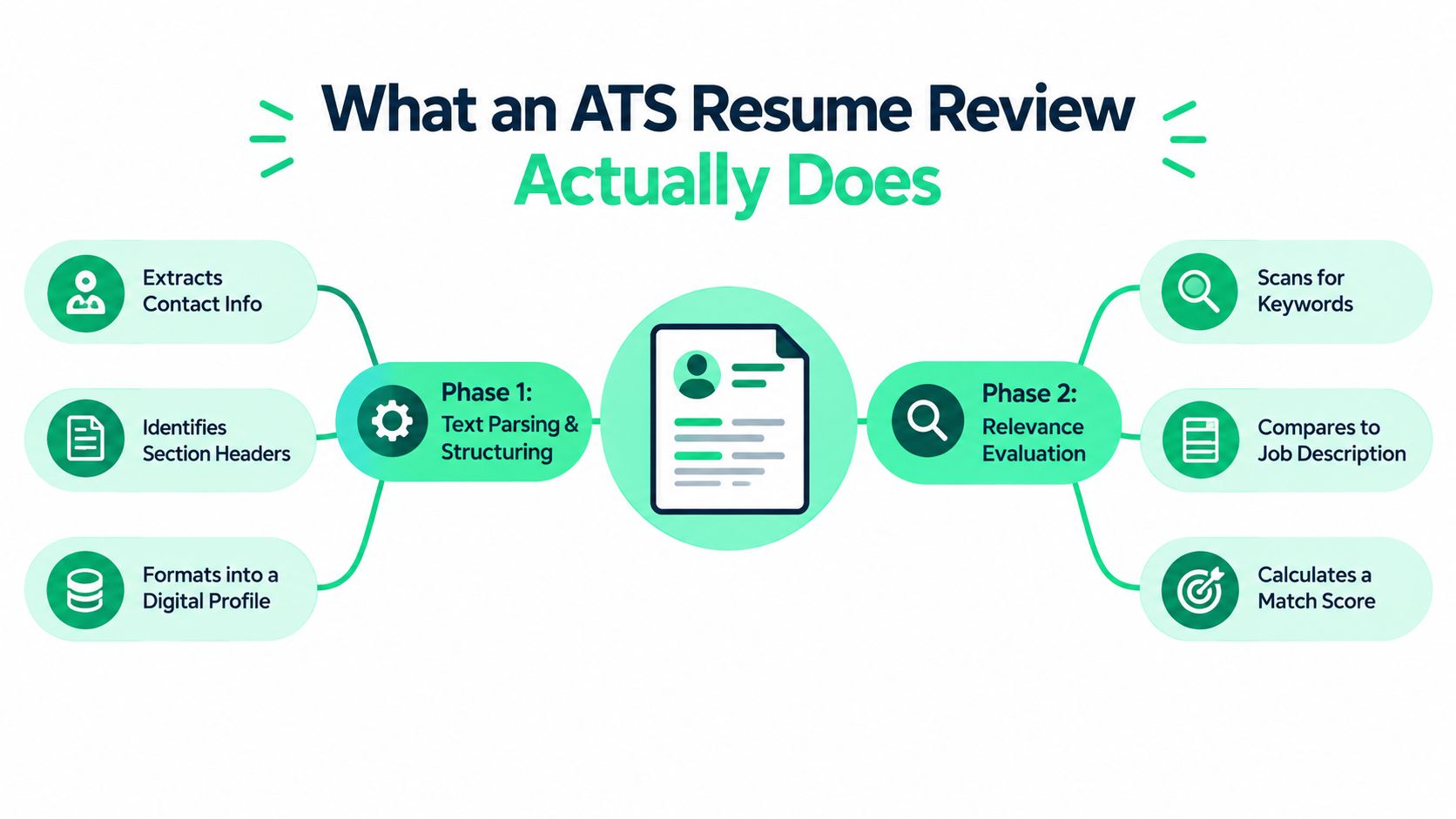 An infographic showing the two-phase process of how an Applicant Tracking System reviews a job candidate's resume.