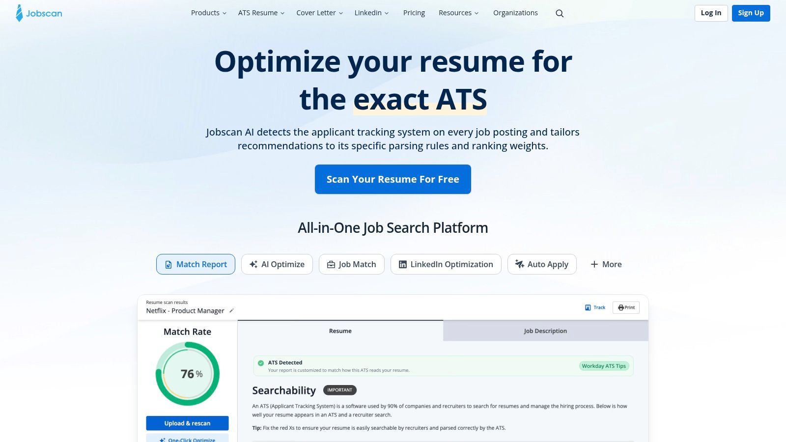 Jobscan's Match Report scoring a resume at 76% against a product manager posting