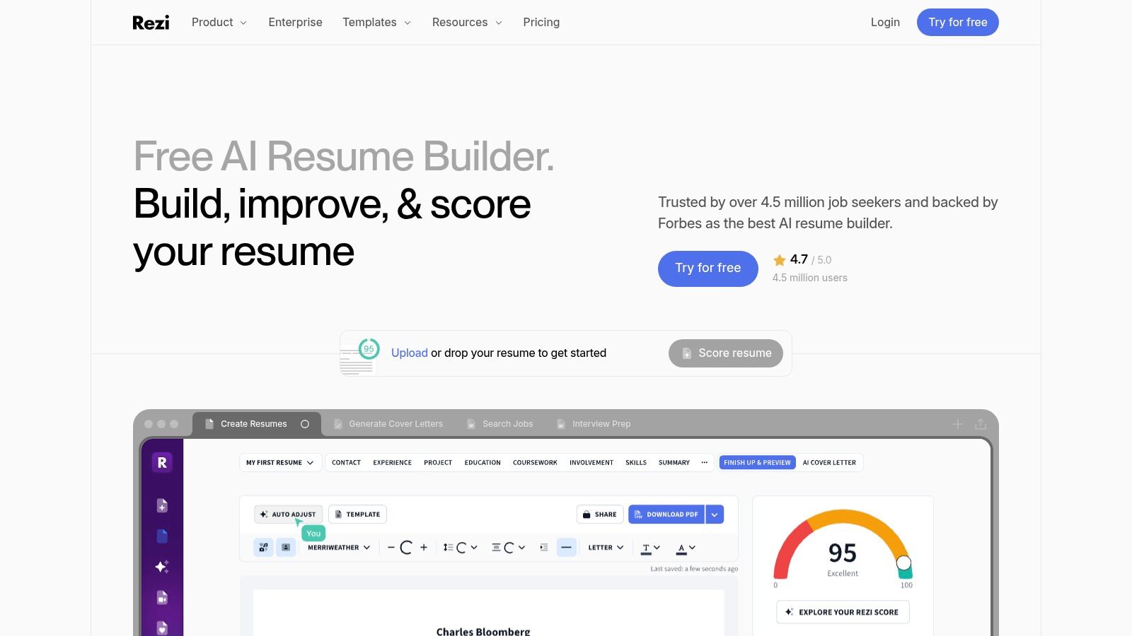 Rezi's AI resume builder with the Rezi Score checker