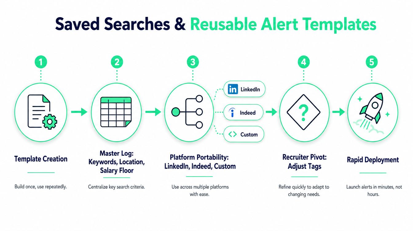 A five-step infographic showing the process of creating and deploying saved searches and reusable job alert templates.