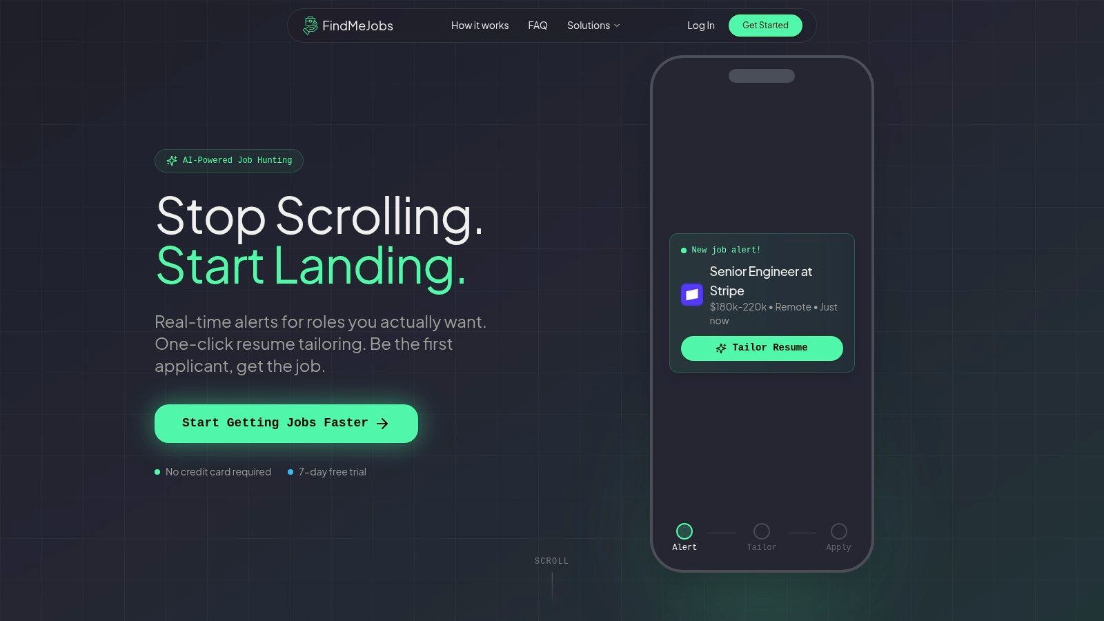The FindMeJobs homepage: real-time job alerts with one-click resume tailoring