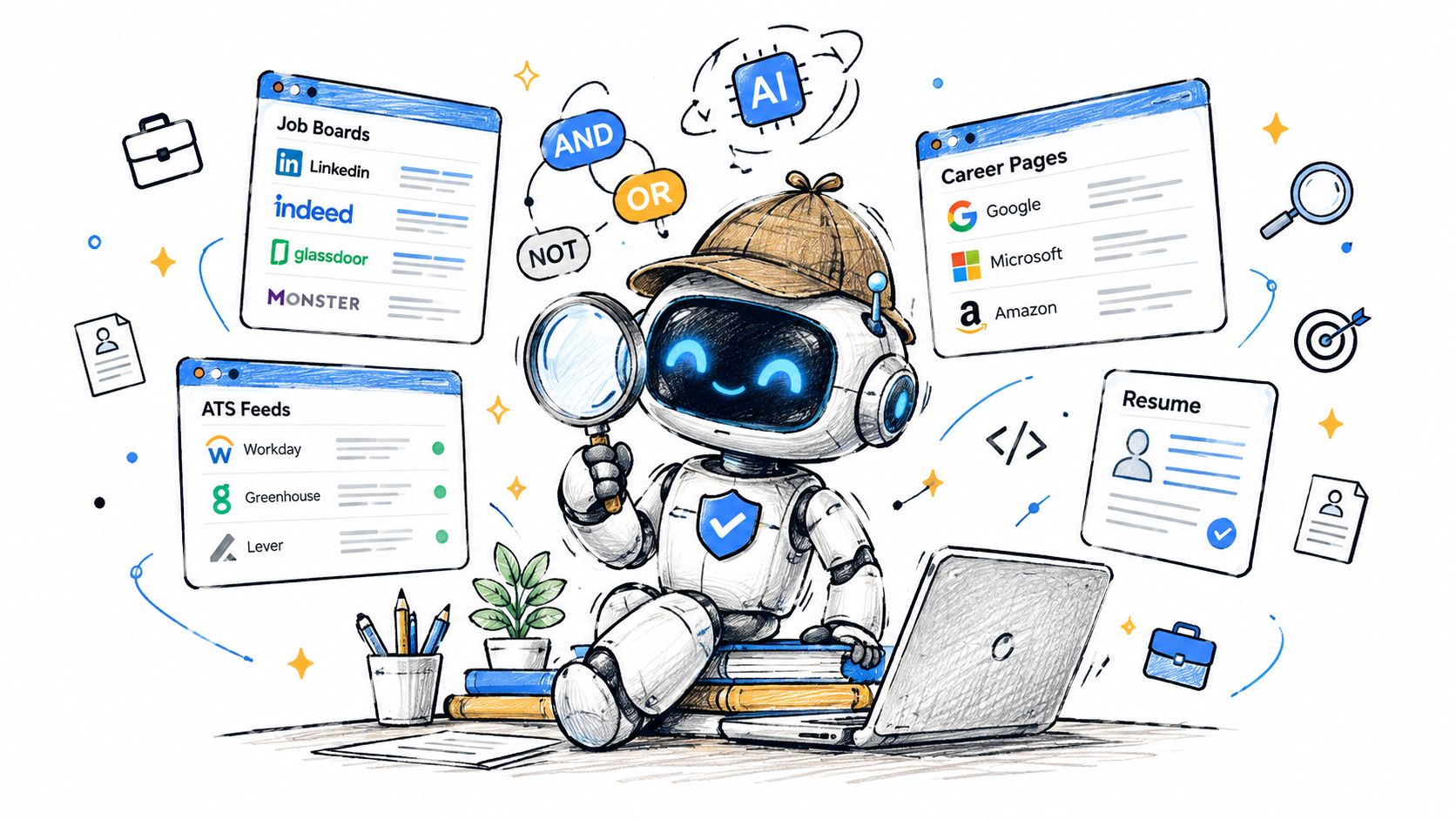 A cute robot detective searching through job boards and career pages using artificial intelligence for recruitment.